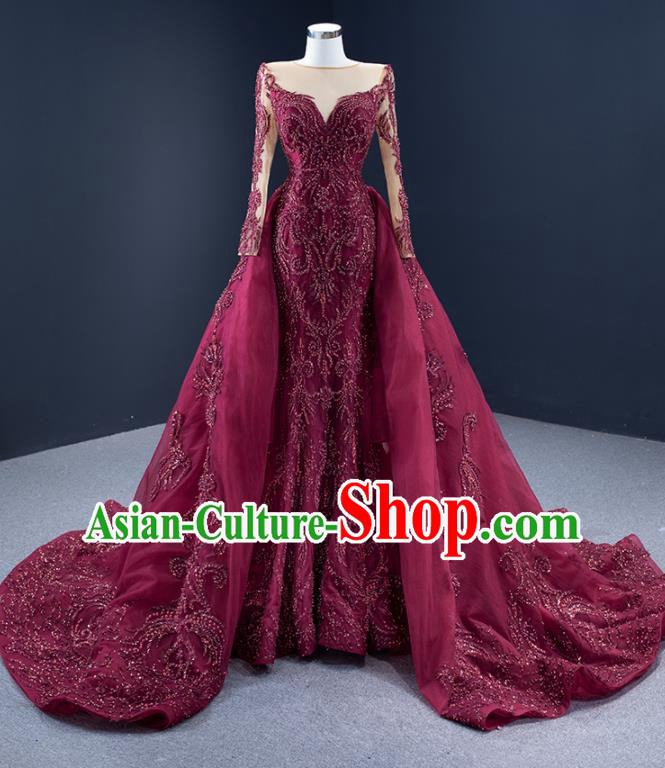 Custom Catwalks Formal Costume Compere Vintage Clothing Luxury Wedding Dress Ceremony Embroidery Sequins Garment Marriage Bride Wine Red Full Dress