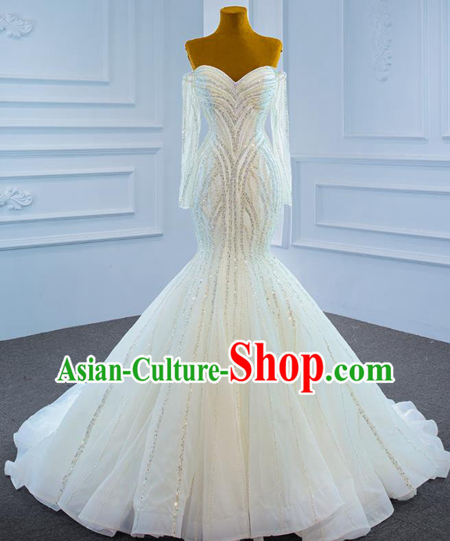Custom Ceremony Vintage Clothing Luxury Wedding Dress Compere Garment Marriage Bride White Fishtail Full Dress Catwalks Formal Costume