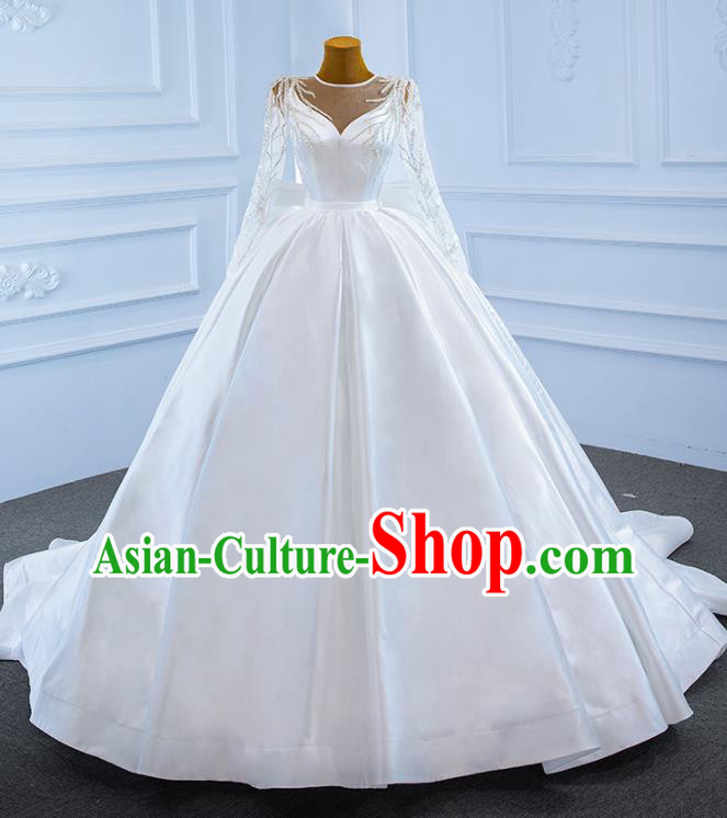 Custom Compere Formal Garment Marriage Bride Trailing Full Dress Catwalks Princess Costume Ceremony Vintage Clothing Luxury White Satin Wedding Dress