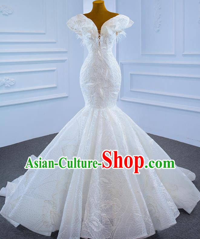 Custom Ceremony Vintage Clothing Luxury White Lace Wedding Dress Compere Formal Garment Marriage Bride Fishtail Full Dress Catwalks Princess Costume