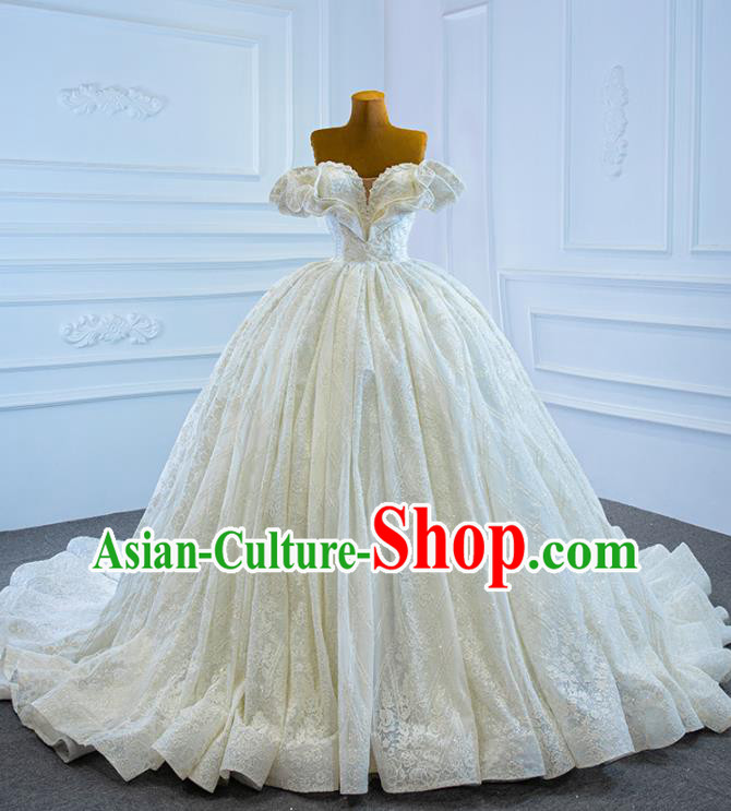 Custom Luxury Embroidery Pearls Wedding Dress Compere Formal Garment Marriage Bride Beige Trailing Full Dress Catwalks Princess Costume Ceremony Vintage Clothing