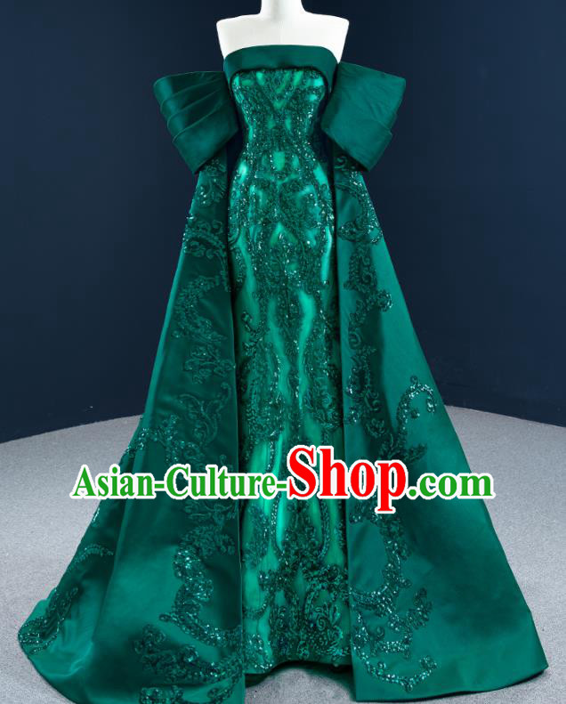 Custom Catwalks Princess Costume Ceremony Compere Clothing Luxury Embroidery Wedding Dress Vintage Formal Garment Marriage Bride Deep Green Full Dress