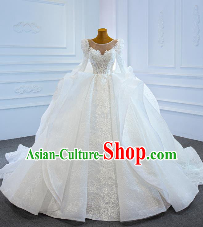 Custom Vintage Formal Garment Bride Trailing Full Dress Catwalks Princess Costume Ceremony Compere Clothing Luxury Embroidery White Lace Wedding Dress
