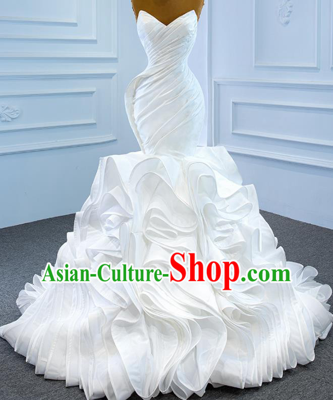 Custom Catwalks Princess Costume Ceremony Compere Clothing Luxury White Satin Wedding Dress Vintage Formal Garment Bride Flowers Fishtail Full Dress