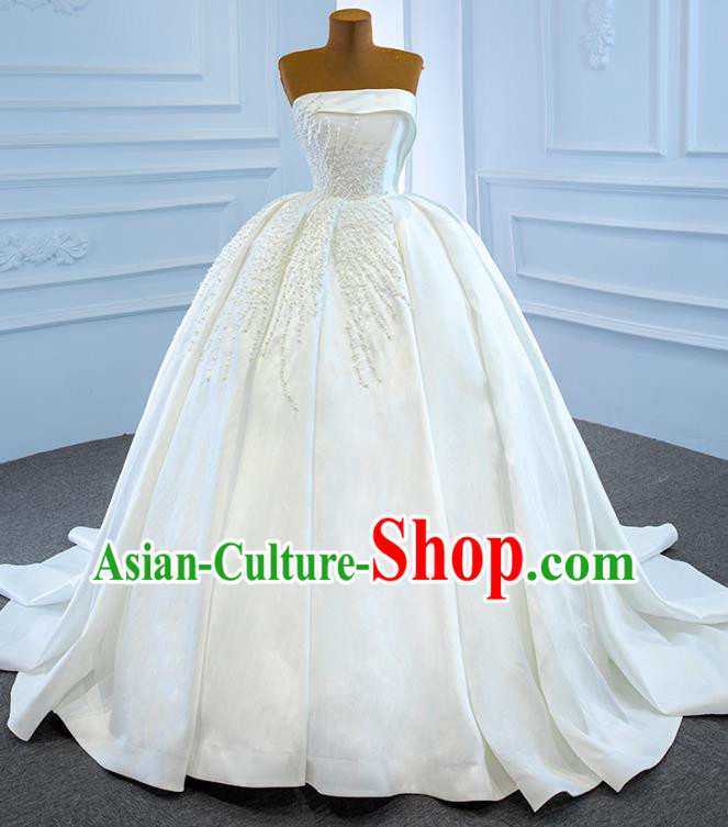 Custom Bride Embroidery Pearls Full Dress Catwalks Princess Costume Ceremony Compere Clothing Luxury White Satin Wedding Dress Vintage Formal Garment