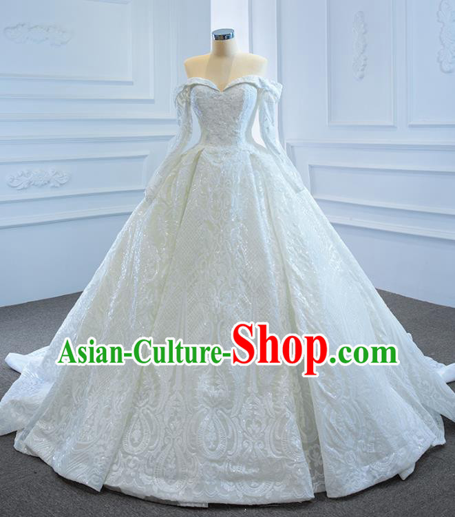 Custom Ceremony Compere Clothing Luxury Trailing Wedding Dress Vintage Formal Garment Bride Embroidery Flat Shouders Full Dress Catwalks Princess Costume