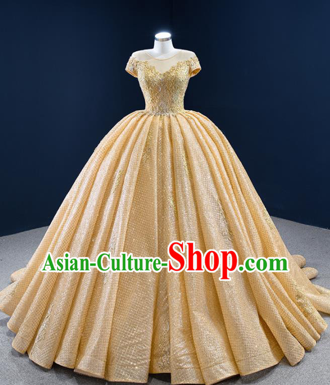 Custom Catwalks Princess Costume Ceremony Compere Clothing Luxury Trailing Wedding Dress Vintage Formal Garment Bride Embroidery Yellow Full Dress