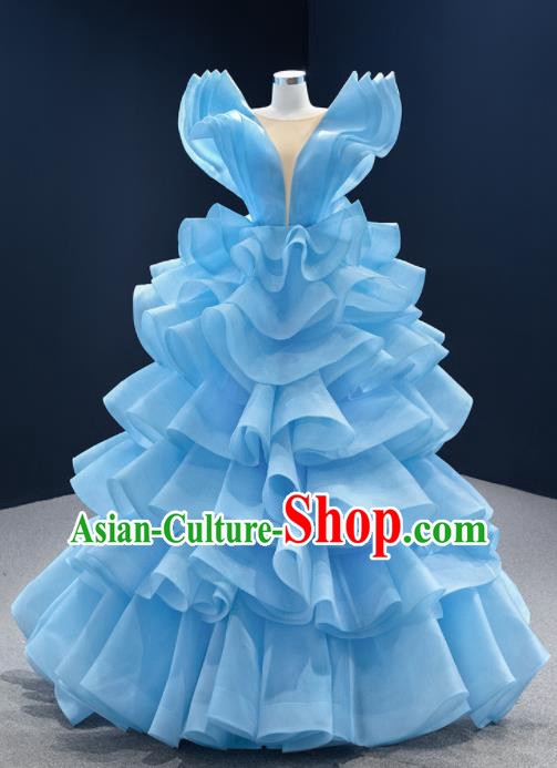 Custom Ceremony Compere Clothing Vintage Wedding Dress Luxury Formal Garment Bride Blue Full Dress Catwalks Princess Costume