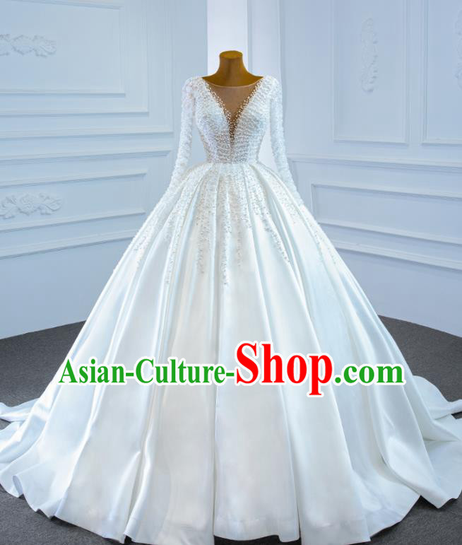 Custom Embroidery Pearls Full Dress Catwalks Princess Costume Ceremony Bride Clothing Vintage Wedding Dress Luxury Trailing Formal Garment
