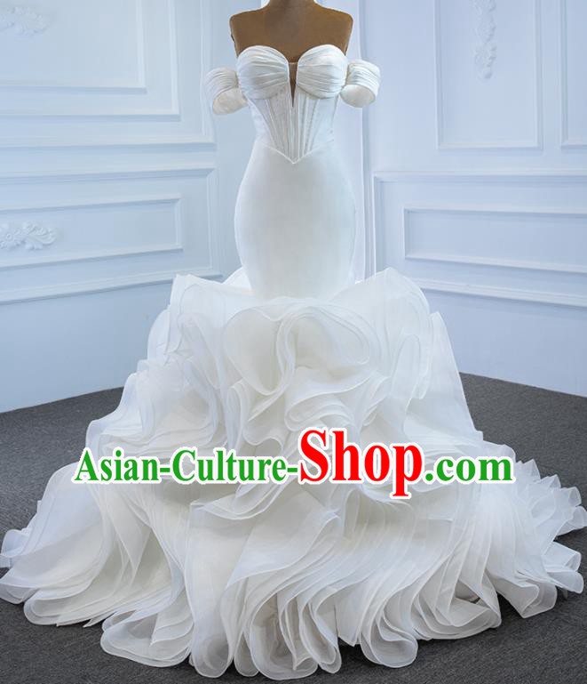Custom Marriage Bride Clothing Vintage Flowers Fishtail Wedding Dress Luxury Formal Garment Compere White Full Dress Catwalks Princess Costume