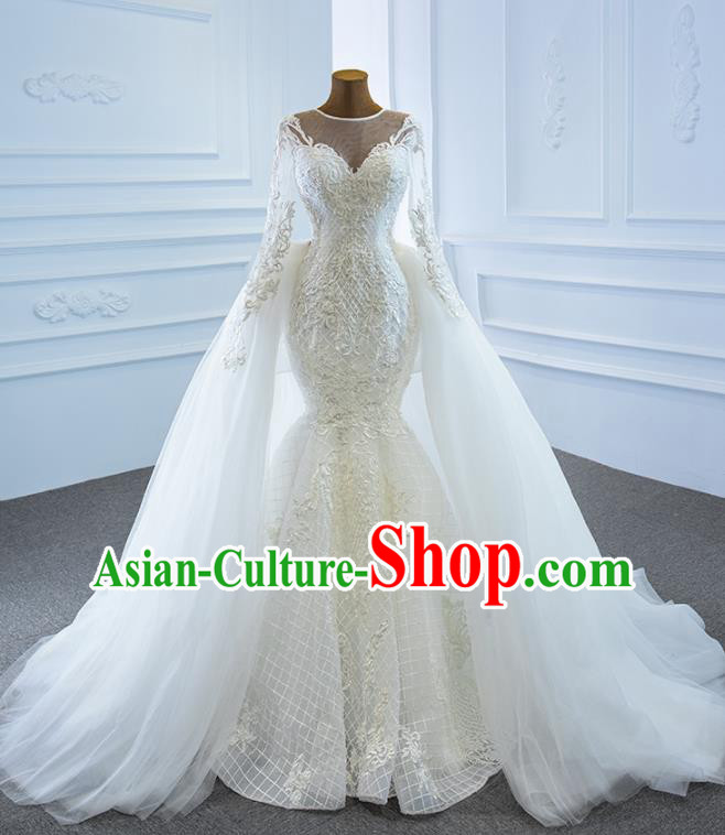 Custom Compere Fishtail Full Dress Catwalks Princess Costume Marriage Bride Clothing Vintage Embroidery Wedding Dress Luxury Formal Garment