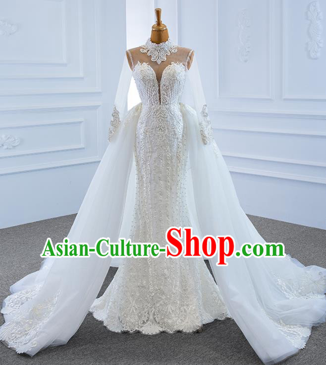 Custom Compere White Trailing Full Dress Catwalks Princess Costume Marriage Bride Clothing Vintage Embroidery Wedding Dress Luxury Formal Garment