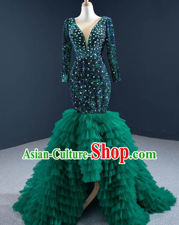 Custom Marriage Bride Clothing Vintage Wedding Dress Luxury Formal Garment Compere Green Veil Fishtail Full Dress Catwalks Princess Costume