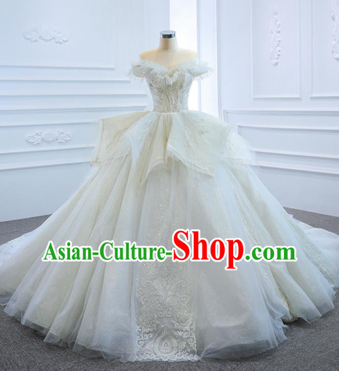 Custom Compere Trailing Full Dress Catwalks Princess Costume Marriage Bride Clothing Vintage White Wedding Dress Luxury Embroidery Pearls Formal Garment