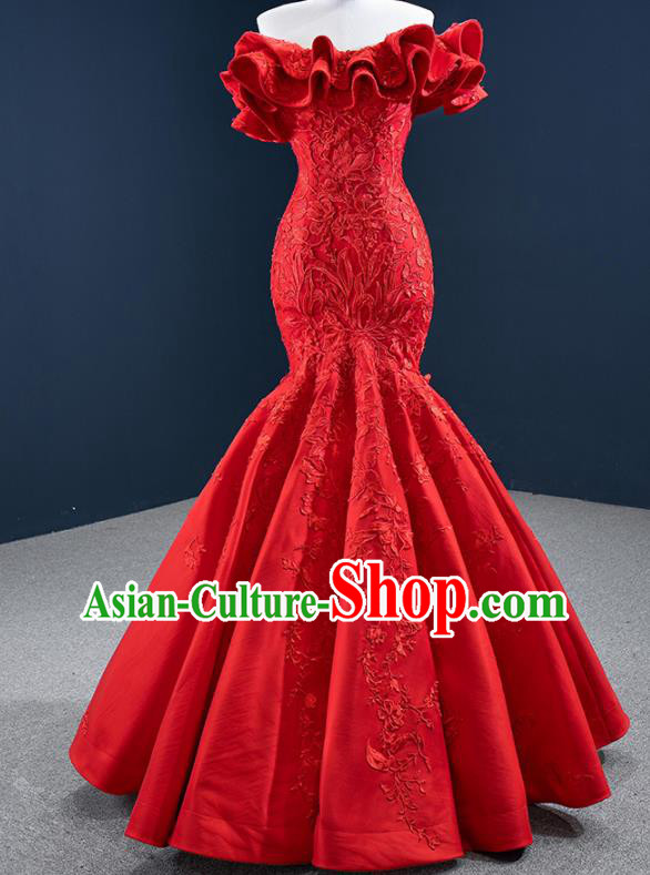 Custom Vintage Bride Clothing Wedding Dress Marriage Embroidery Formal Garment Compere Luxury Red Fishtail Full Dress Catwalks Princess Costume