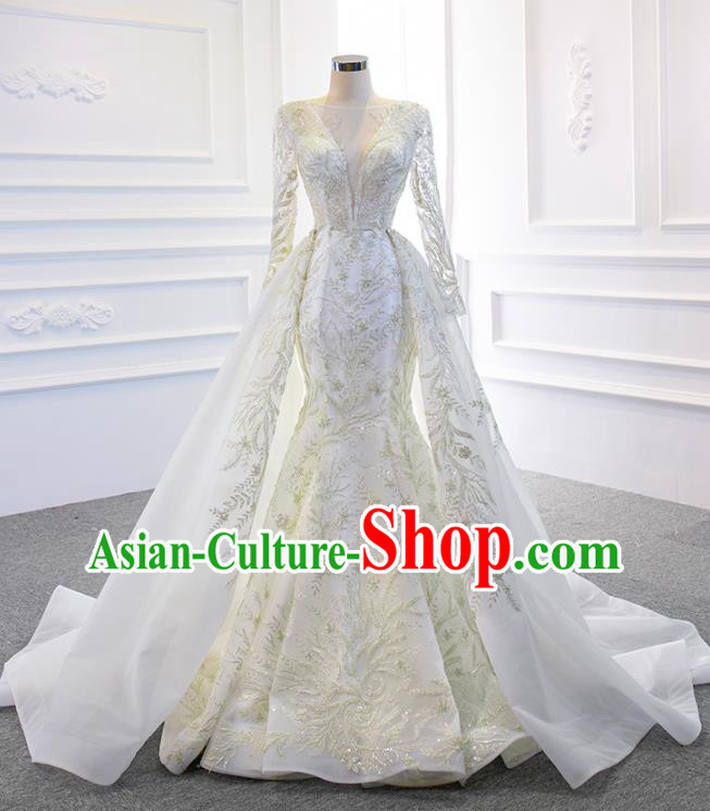 Custom Marriage Embroidery Formal Garment Compere Luxury Fishtail Full Dress Catwalks Princess Costume Bride Clothing Vintage Wedding Dress