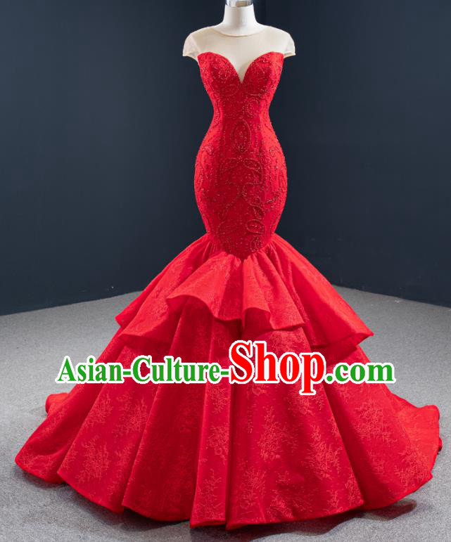 Custom Vintage Wedding Dress Marriage Embroidery Formal Garment Compere Luxury Red Fishtail Full Dress Catwalks Princess Costume Bride Clothing