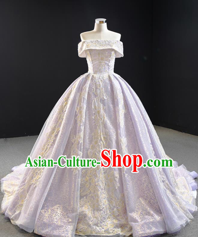 Custom Vintage Embroidery Lace Wedding Dress Marriage Formal Garment Compere Luxury Lilac Trailing Full Dress Catwalks Princess Costume Bride Clothing