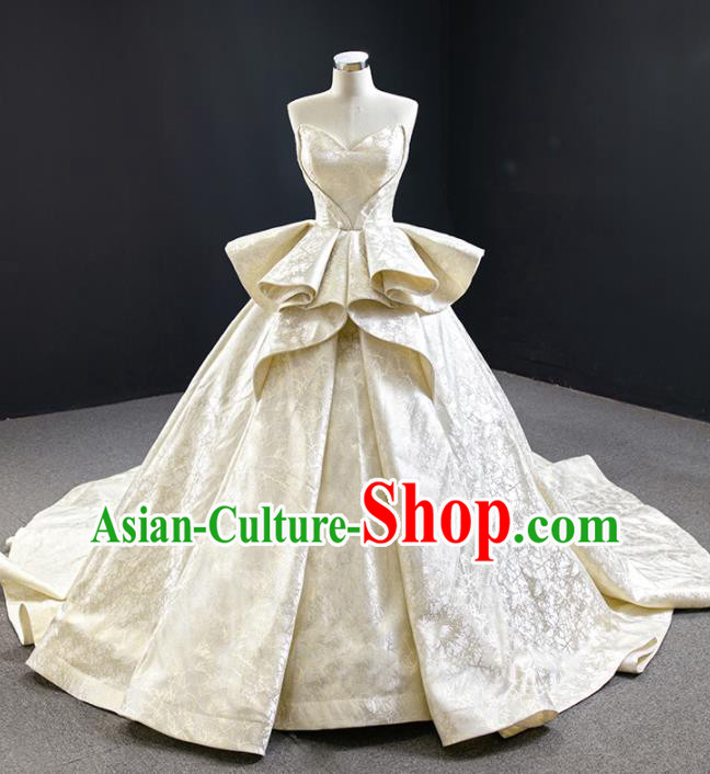 Custom Vintage Bride Clothing Champagne Satin Wedding Dress Compere Formal Garment Marriage Luxury Trailing Full Dress Catwalks Princess Costume