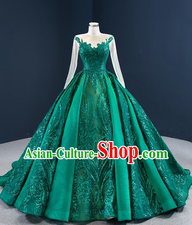Custom Luxury Formal Garment Compere Full Dress Catwalks Princess Costume Marriage Bride Clothing Vintage Embroidery Green Wedding Dress