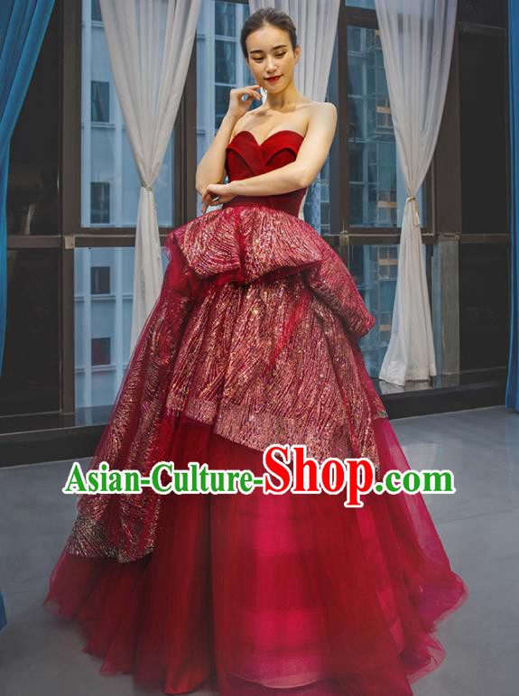 Custom Bride Clothing Luxury Red Wedding Dress Compere Formal Garment Court Vintage Full Dress European Queen Costume