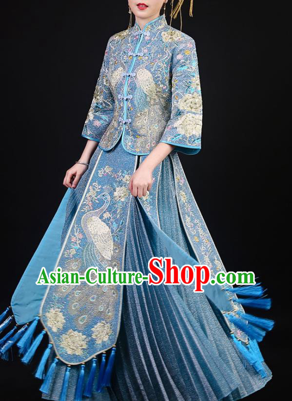 China Bride Blue Dress Outfits Traditional Xiuhe Suits Embroidery Bottom Drawer Clothing Wedding Garment Costumes