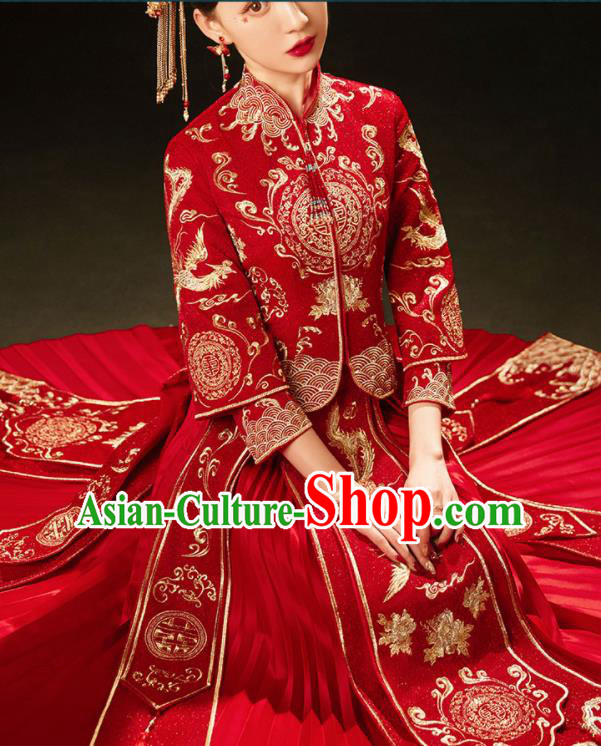 China Embroidery Bridal Attire Clothing Wedding Garment Costumes Bride Toasting Red Dress Outfits Traditional Xiuhe Suits