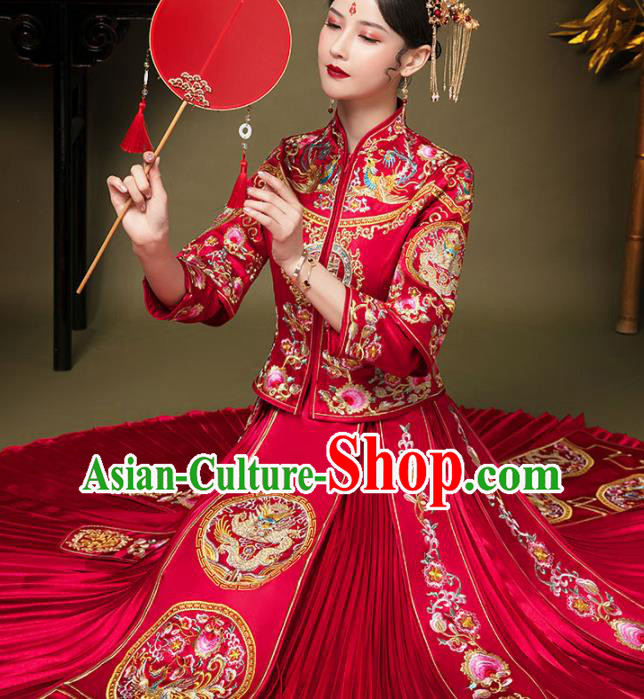 China Traditional Xiuhe Suits Embroidery Bridal Attire Clothing Wedding Garment Costumes Bride Toasting Red Dress Outfits