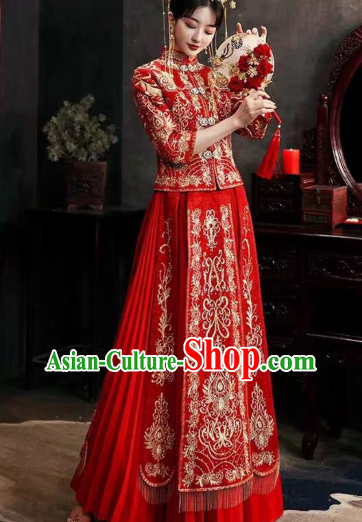 China Bride Toasting Red Dress Outfits Traditional Diamante Xiuhe Suits Embroidery Bridal Attire Clothing Wedding Garment Costumes