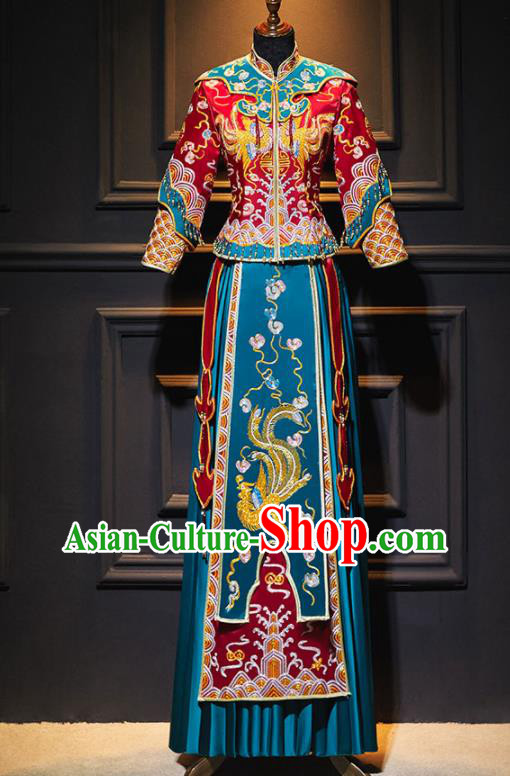 China Wedding Garment Costumes Bride Toasting Dress Outfits Traditional Blue Xiuhe Suits Embroidery Bridal Attire Clothing