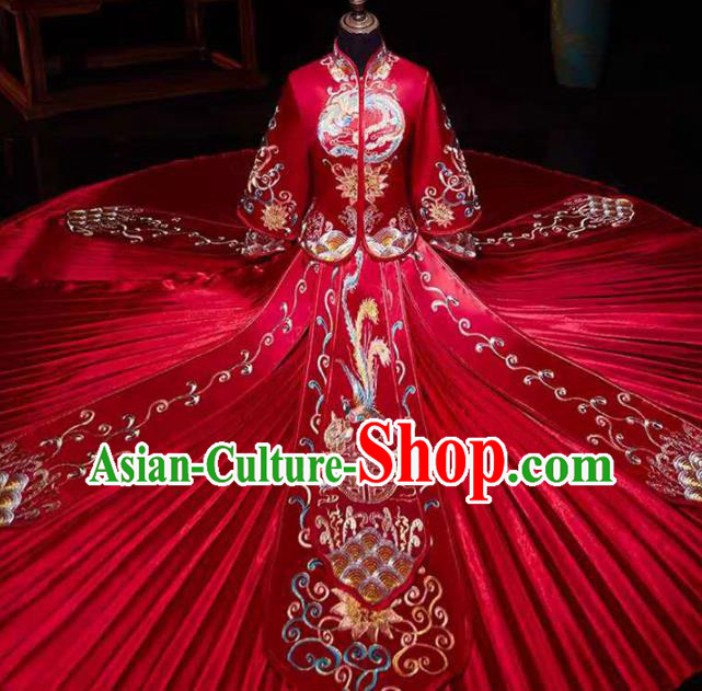 China Embroidery Phoenix Bridal Attire Clothing Wedding Garment Costumes Bride Dress Outfits Traditional Red Xiuhe Suits