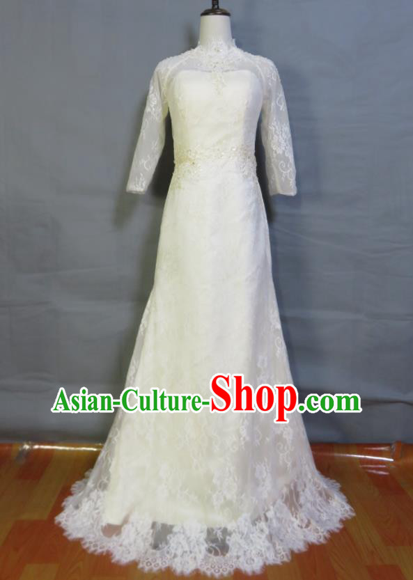 Custom Beige Lace Wedding Dress Modern Dance Fashion Costume Bride Trailing Full Dress Photography Clothing