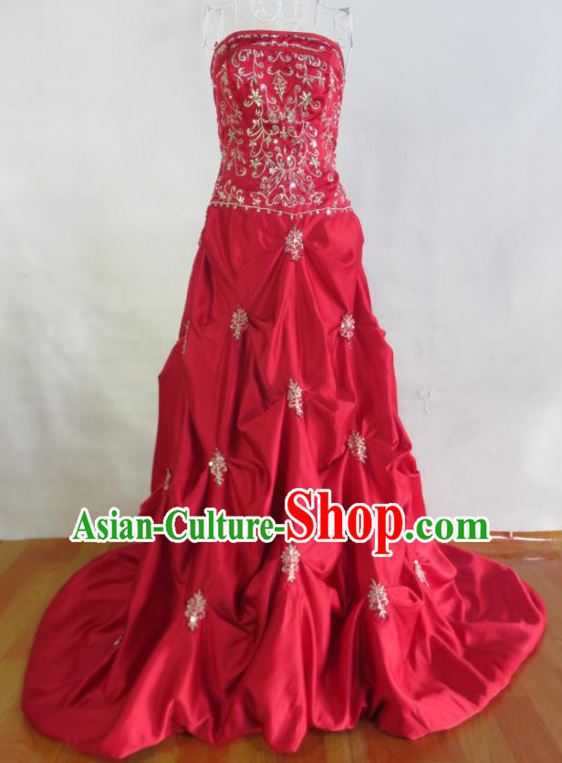 Custom Bride Trailing Full Dress Photography Clothing Red Satin Wedding Dress Modern Dance Fashion Costume