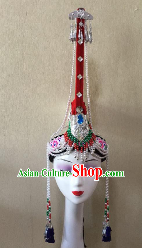 China She Nationality Folk Dance Red Hat Guangdong Minority Dance Headwear Ethnic Performance Tassel Headdress