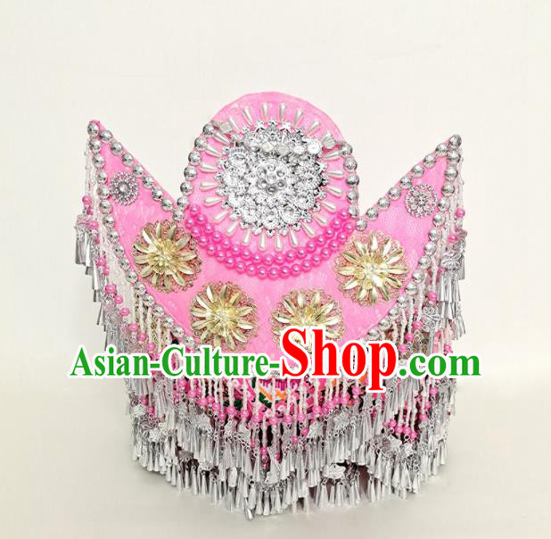 Chinese Ethnic Wedding Headwear Miao Nationality Bride Pink Hat Tujia Minority Young Woman Headdress