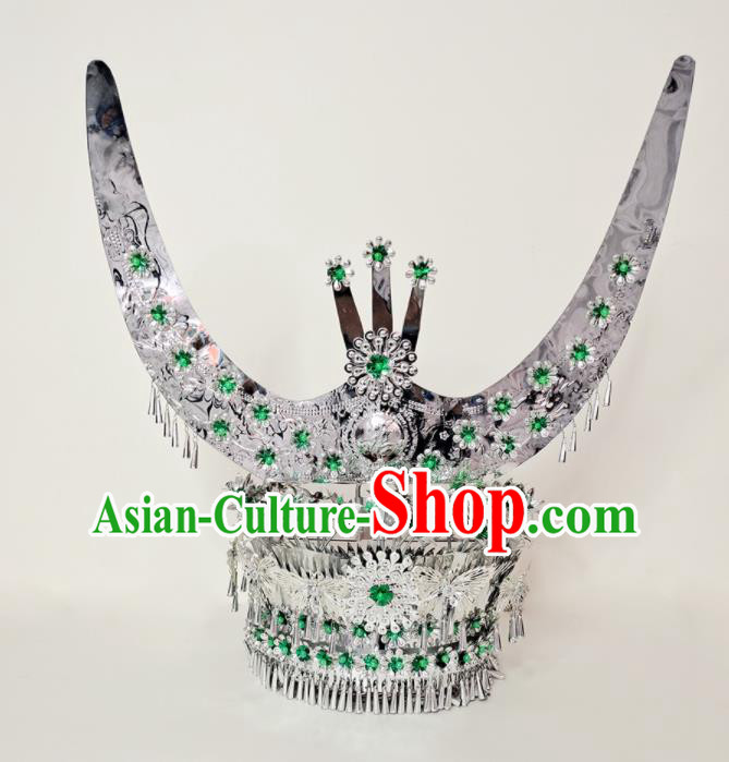 Chinese Miao Nationality Stage Performance Hat Dong Minority Woman Silver Headdress Ethnic Bride Wedding Headwear