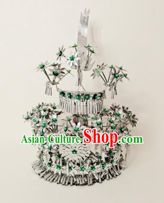 Chinese Dong Minority Woman Silver Headdress Miao Ethnic Bride Wedding Headwear Hmong Nationality Stage Performance Hat