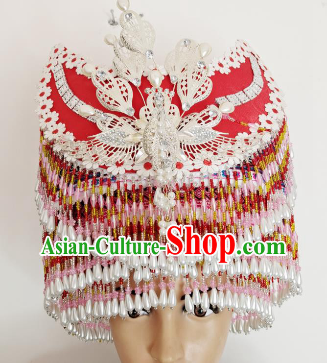 Chinese Yunnan Ethnic Bride Tassel Headwear Miao Nationality Stage Performance Red Hat Hmong Minority Woman Wedding Headdress