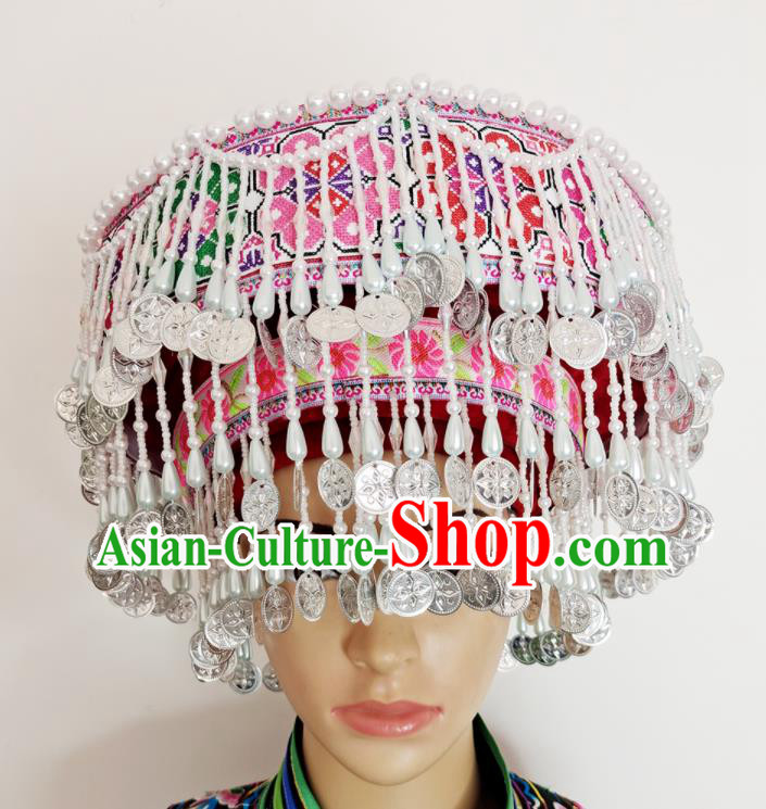 Chinese Yao Minority Woman Wedding Headdress Yunnan Ethnic Bride Headwear Miao Nationality Stage Performance Tassel Hat