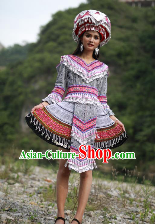 China Hmong Ethnic Dance Grey Dress Outfits Traditional Yunnan Minority Garment Costumes Miao Nationality Woman Clothing Photography Clothing