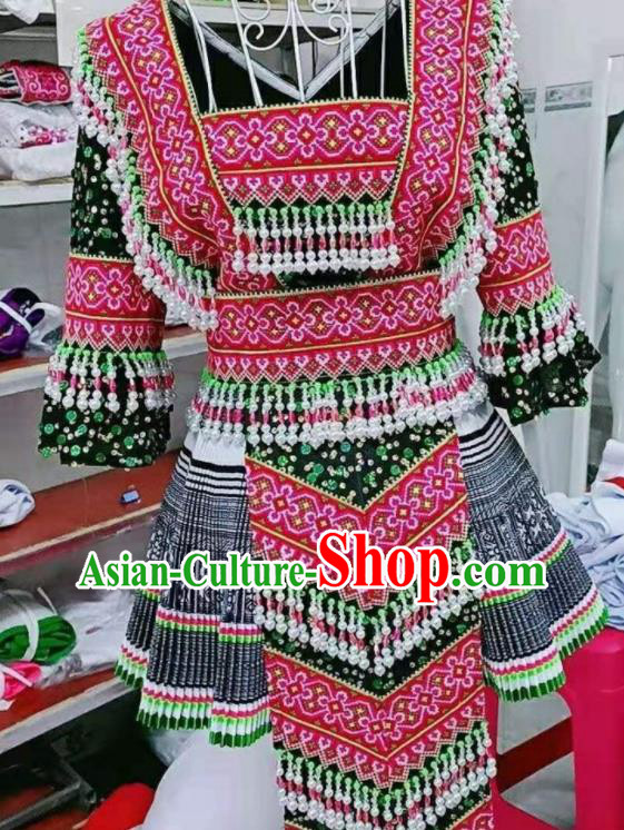 China Miao Nationality Female Costumes Ethnic Performance Clothing Traditional Hmong Folk Dance Dress Outfits Guizhou Minority Garments