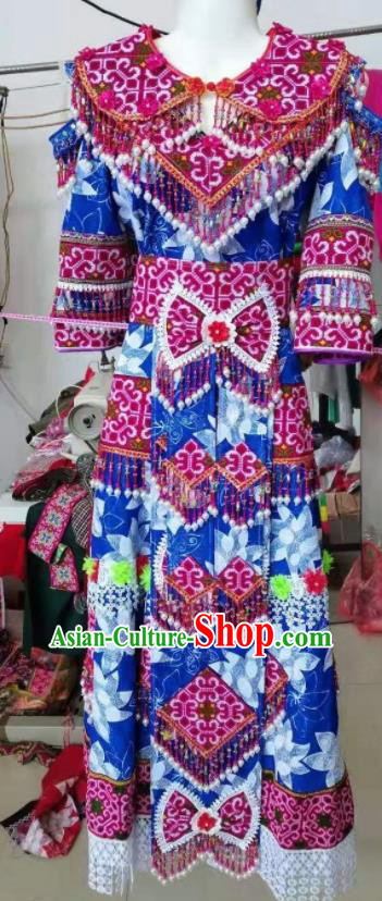 China Traditional Hmong Dance Blue Dress Outfits Guizhou Minority Bride Garments Miao Nationality Performance Costumes Yunnan Ethnic Wedding Clothing