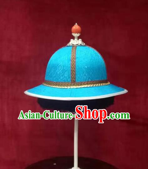 China Ancient Yuan Dynasty Prince Headwear Handmade Blue Satin Hat Mongolian Nationality Boys Headdress