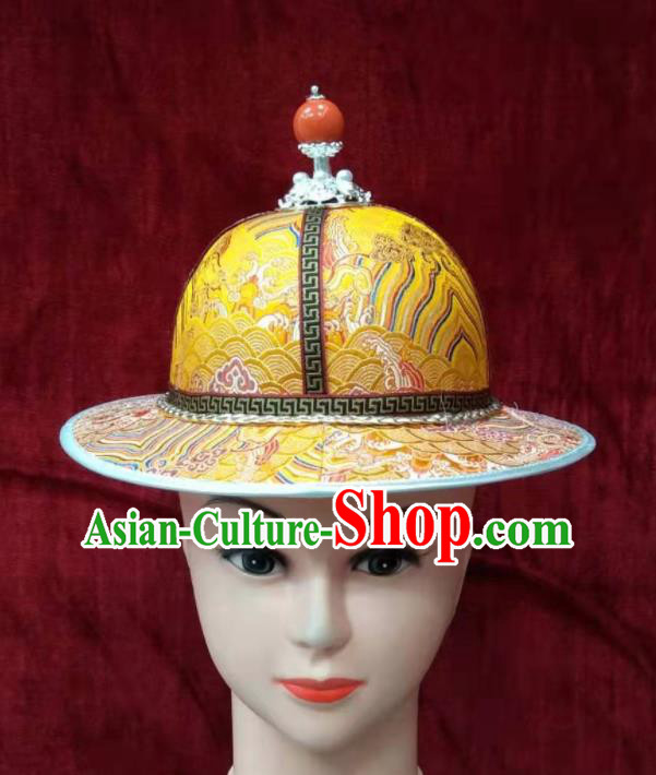China Mongolian Nationality Boys Headdress Ancient Yuan Dynasty Prince Headwear Handmade Yellow Satin Hat
