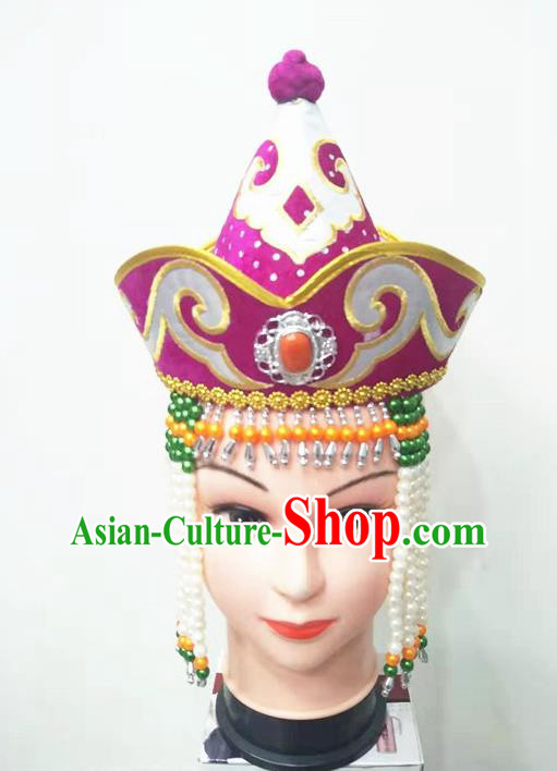 Chinese Mongolian Minority Dance Tassel Headdress Ethnic Girl Folk Dance Headdress Mongol Nationality Stage Performance Purple Hat