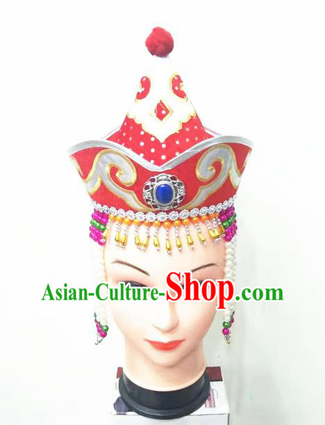 Chinese Mongol Nationality Stage Performance Red Hat Mongolian Minority Dance Tassel Headdress Ethnic Girl Folk Dance Headdress