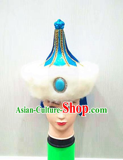 China Handmade Male Blue Hat Mongolian Nationality Folk Dance Headdress Ancient Yuan Dynasty Royal Highness Headwear