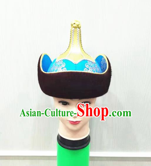 China Ancient Yuan Dynasty Royal Highness Headwear Handmade Male Blue Hat Mongolian Nationality Folk Dance Headdress