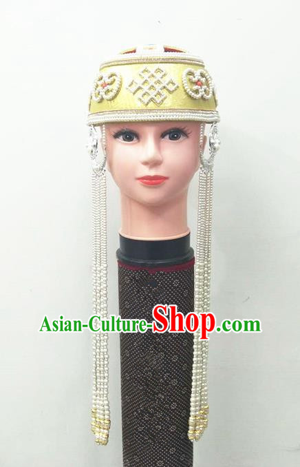 Chinese Mongolian Minority Wedding Hair Accessories Ethnic Folk Dance Headdress Mongol Nationality Stage Performance Beads Tassel Golden Hat