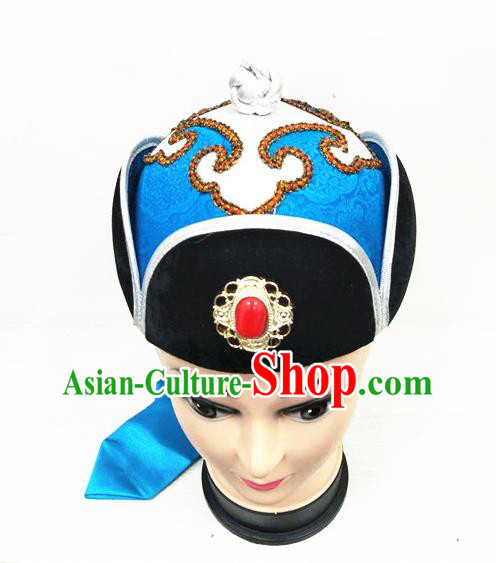 China Mongolian Nationality Boys Dance Headdress Ancient Yuan Dynasty Prince Headwear Handmade Children Blue Satin Hat